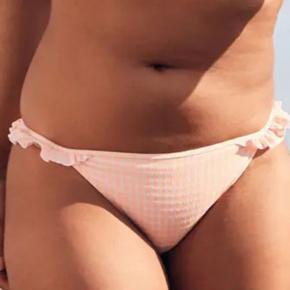 Aerie Peach Gingham Seersucker Ruffle Low Rise Cheeky Swim Bottom Sz XL NWT - Picture 1 of 10